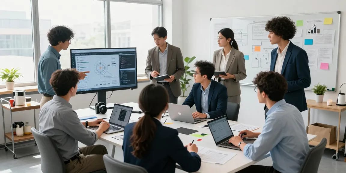 Team collaboration in a modern office discussing bizop strategies and insights.