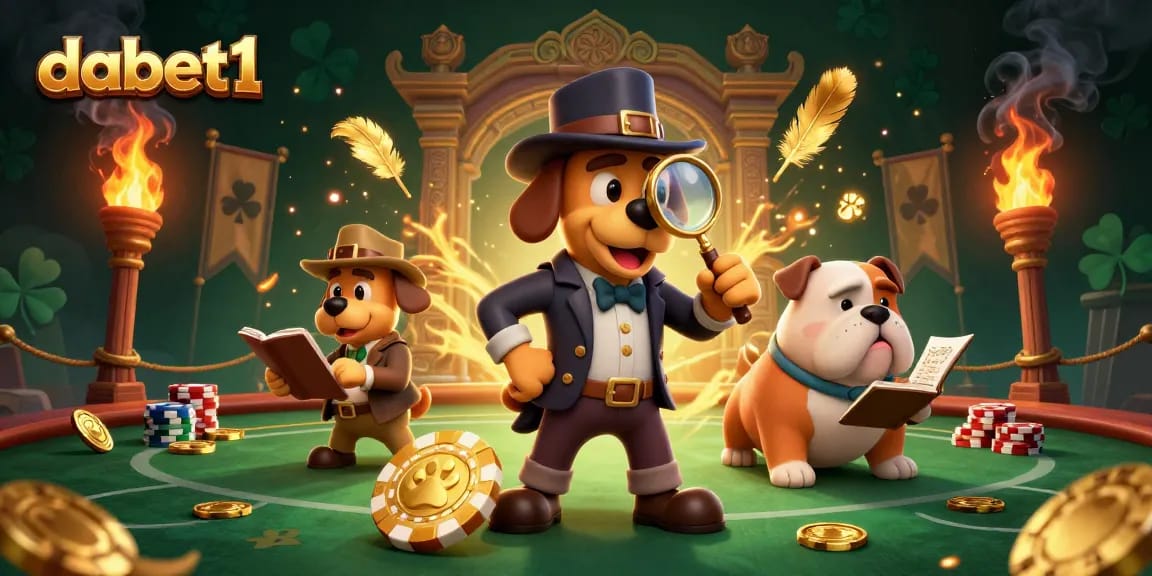 Dabet1’s vibrant casino scene features a detective and bulldog uncovering poker clues.