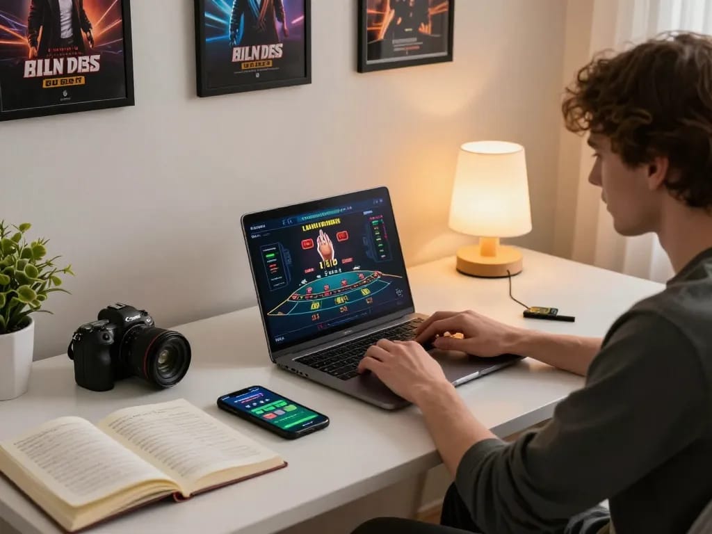 Engaged player using VN23 online gaming interface on laptop, demonstrating strategic gameplay at home.