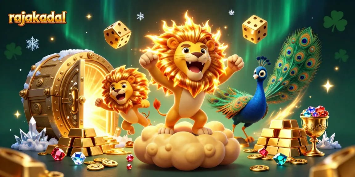 Menyaksikan kemenangan di rajakadal dengan matahari singa 3D mewah dan harta berkilau.
