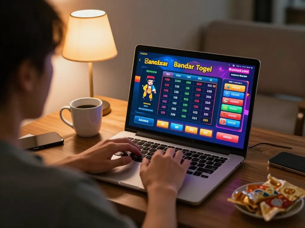 Pemain terlibat menggunakan laptop di setting yang nyaman untuk sesi permainan bandar togel, menunjukkan strategi taruhan online.