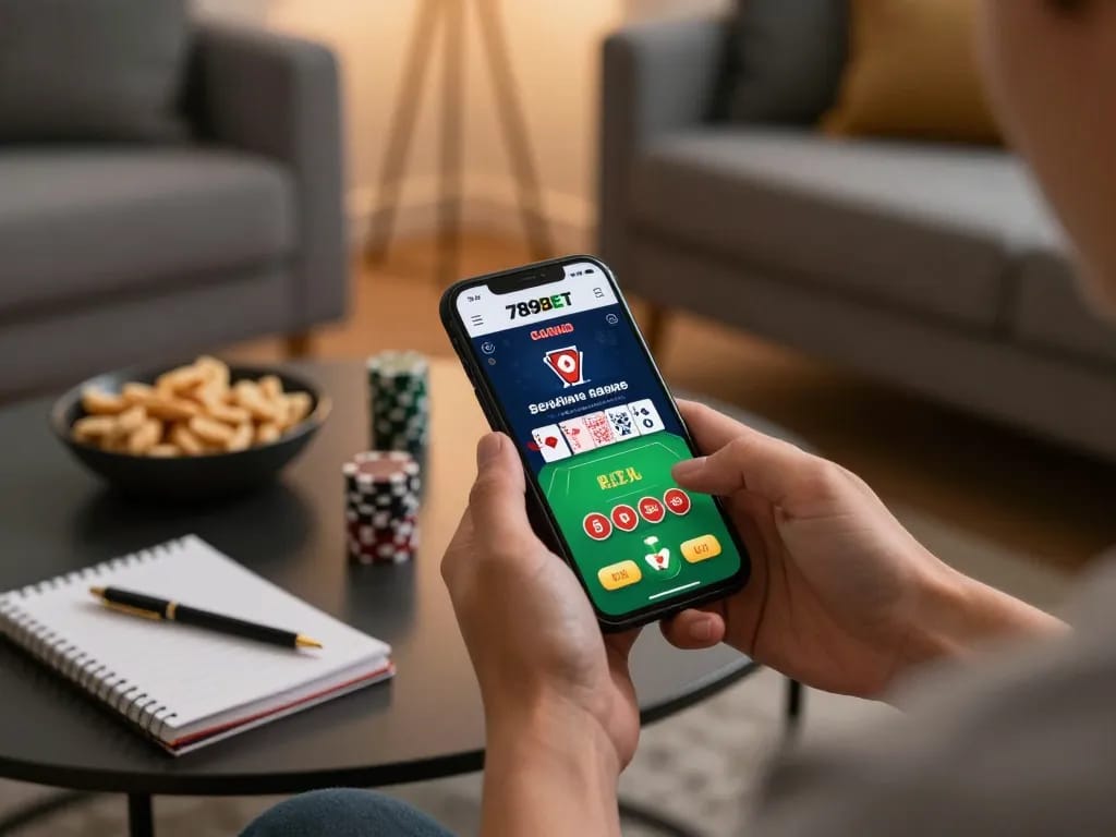 Engaging in online poker at 789BET mobile app on a smartphone in a cozy home setting.