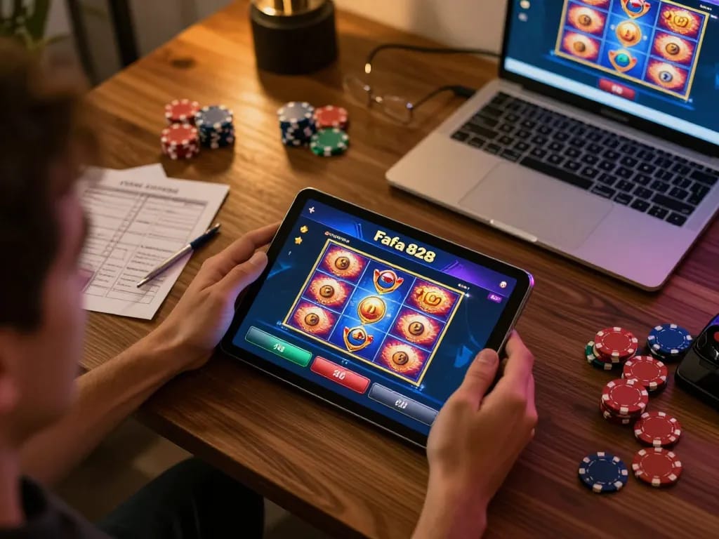 Player engaging with Fafa 828 casino app on tablet, showcasing an exciting online gaming experience