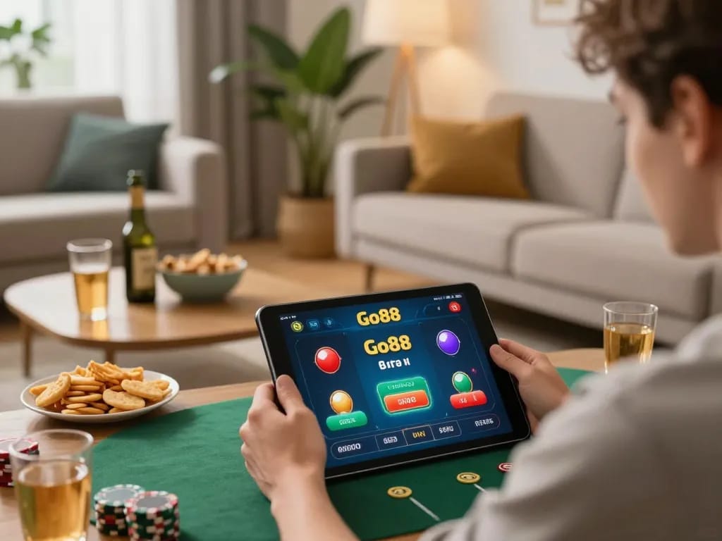 Enjoying the Go88 casino app in a cozy home setup with engaging online poker play