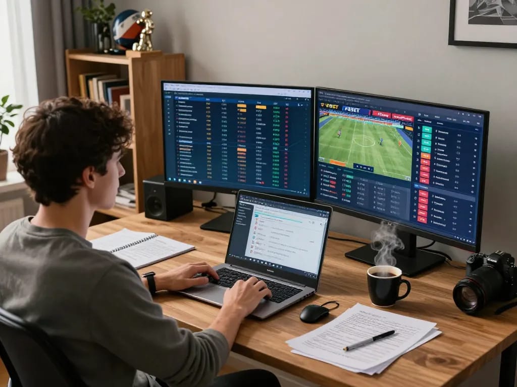 Engaging in live sports betting on F8BET from a modern home office with multiple screens.