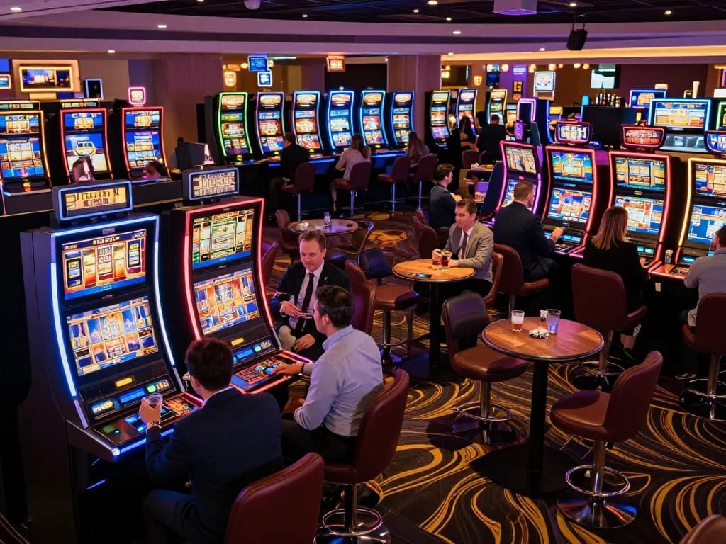Excited players enjoying various slot machines at a legge casino, vibrant neon lights illuminating the gaming floor.