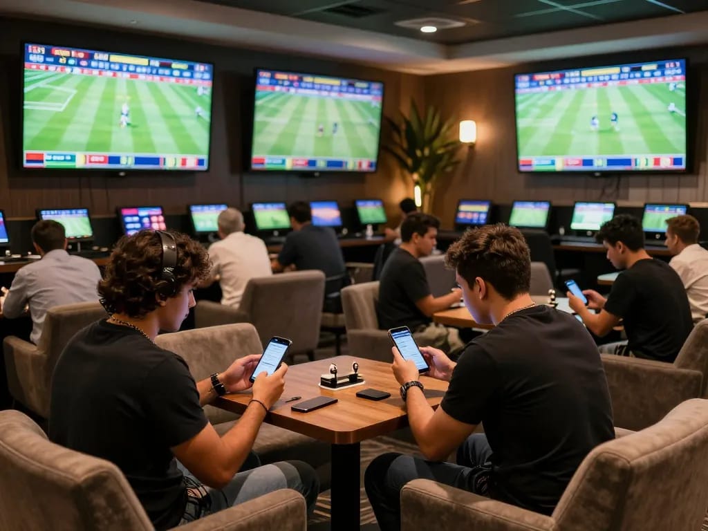 Engage in sports betting at nhà cái 8xbet in an elegant setting with live match displays and players focused on their apps.