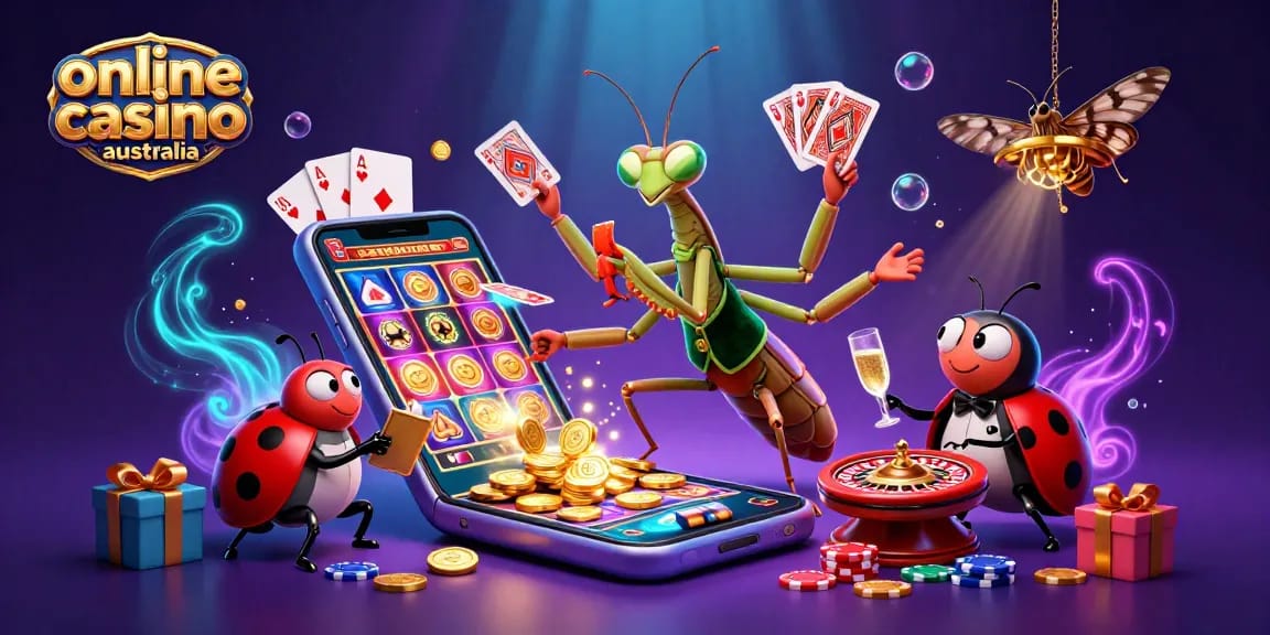 Experience the thrill of online casino Australia with immersive scenes of a mantis card sharp, ladybug pit boss, and exciting games.