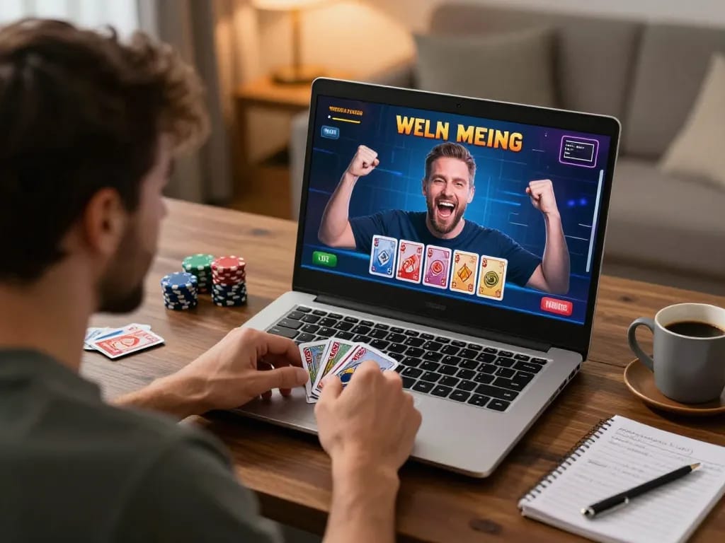 Player enjoying a kkwin game on laptop celebrating a win at home.