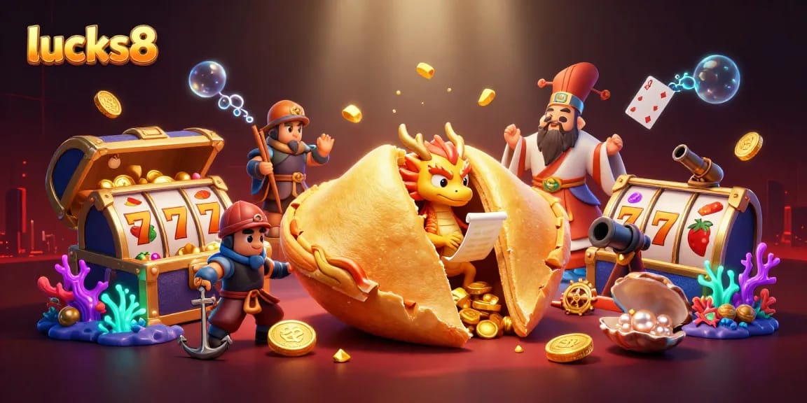 Spin winning reels at lucks8, featuring vibrant scenes of fortune cookies and gold treasures in a casino atmosphere.