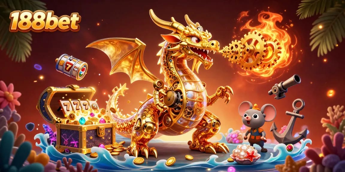 Experience thrilling gameplay with 188bet's dynamic 3D casino illustration featuring a golden dragon and slot reels.