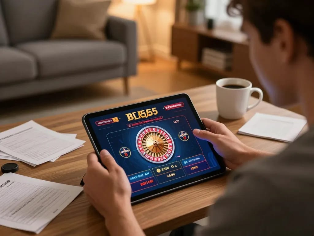 Engaging with the Bl555 app to spin the roulette wheel in a cozy home setting