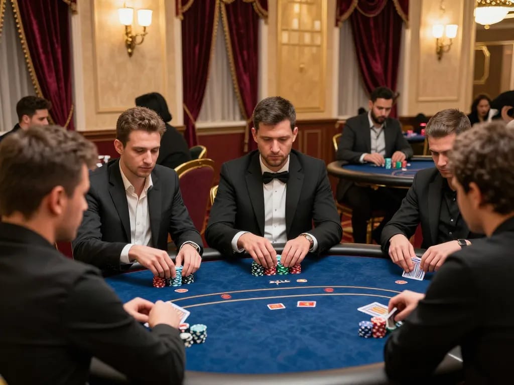 Players at B52 casino focus intensely on their poker hands during a live tournament.