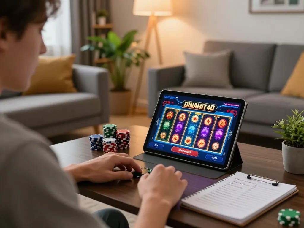 Player strategizing on dinamit4d app in cozy home setting with colorful chips on table.