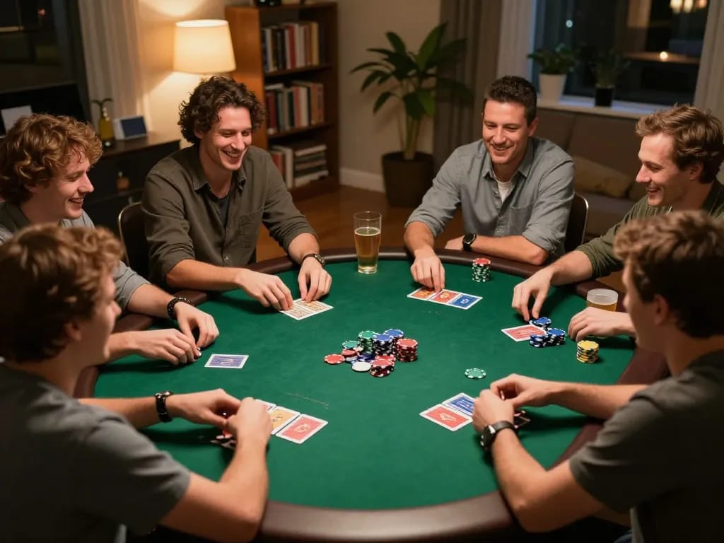 IDCASH88 players engaging in a friendly poker game at home, sharing strategies and enjoying the game atmosphere.