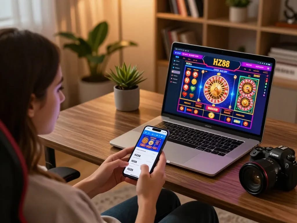 Engaging player using HZ88 mobile app on smartphone for online gaming experience.