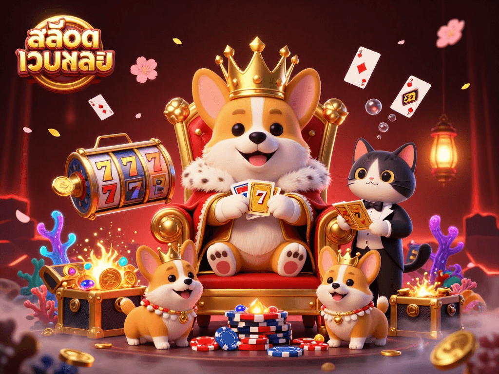 Spin the reels of สล็อตเว็บตรง with charming corgi royalty amidst a treasure-filled casino scene.