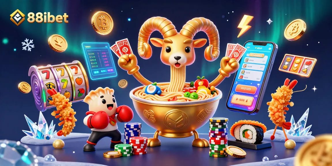 Win big with thrilling games at 88ibet's vibrant casino scene featuring animated food characters.