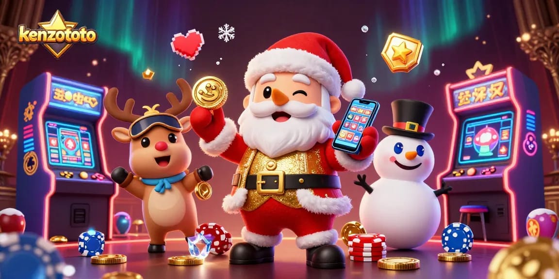 Kenzototo presents an exciting casino scene with Santa, a reindeer dealer, and a poker chip snowman celebrating jackpot wins