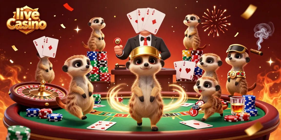 Engage in a vibrant live casino scene with meerkats managing games, chips, and cards.