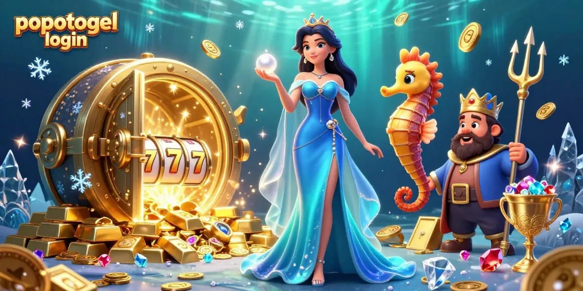 Engage with popotogel login at a vibrant online casino scene showcasing treasures and slot elements.