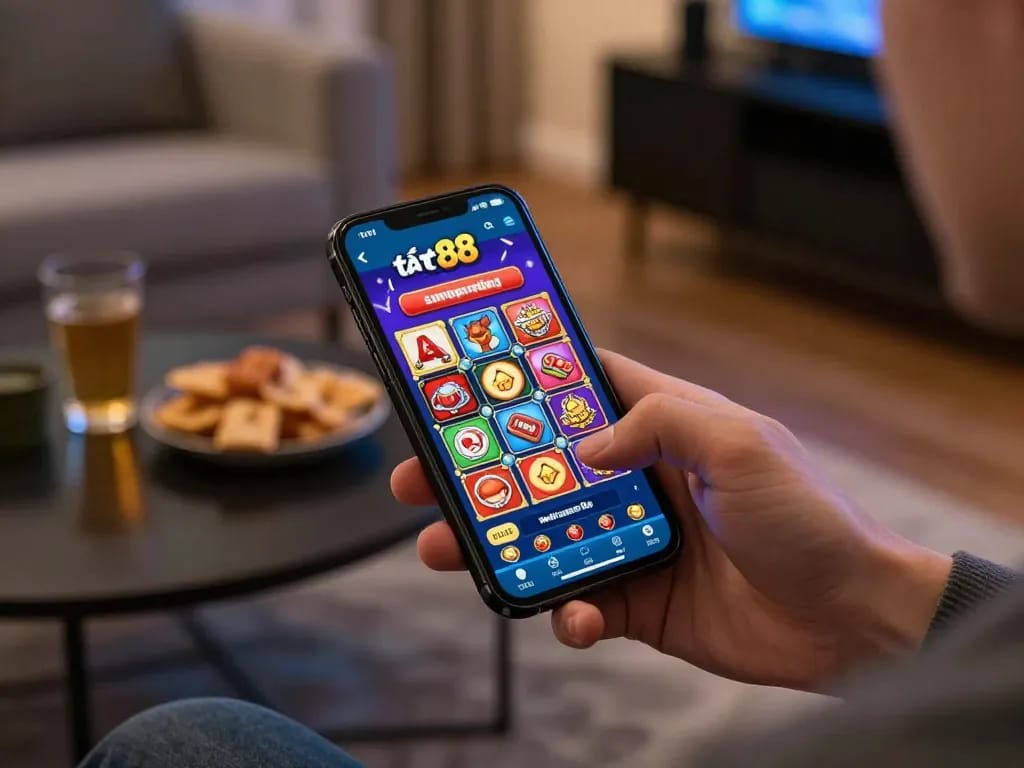 Tải tr88 app interface displayed on a smartphone, reflecting an engaging mobile gaming experience in a cozy living room setting.