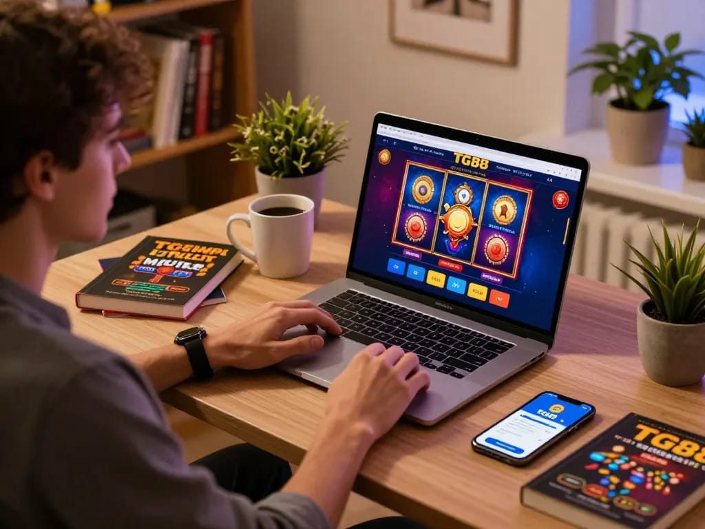 Playing on the TG88 casino app while enjoying a cozy home gaming environment.