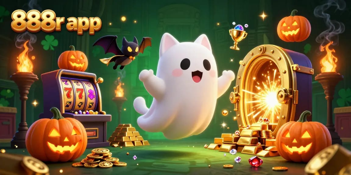 Experience thrilling slots with the 888r app in an enchanting haunted casino scene.