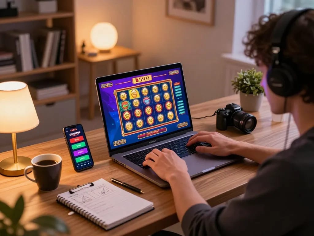 Player engaging with LV88 online slot games on a laptop, showcasing a lively home gaming atmosphere.