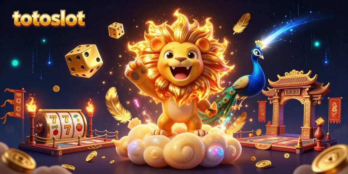 Totoslot ignites excitement with a roaring lion, golden dice, and vibrant slot elements