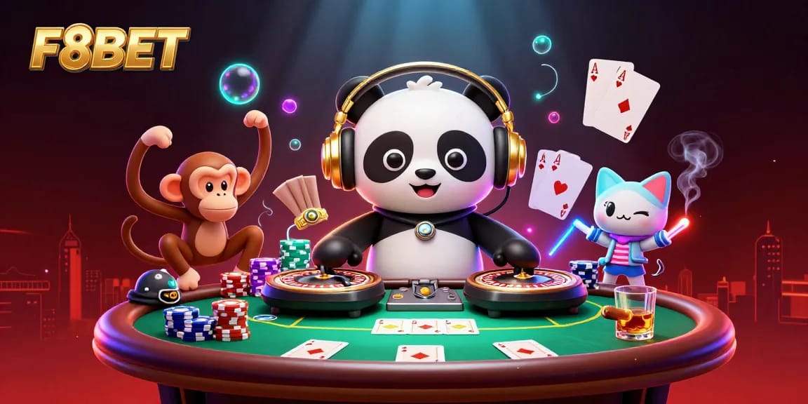 Experience vibrant gaming at F8BET with a DJ panda, a monkey dancer, and a rave kitten.