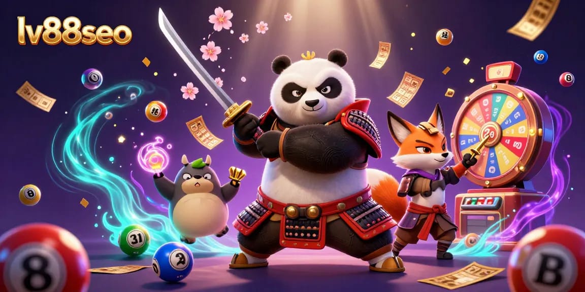 Join the thrilling action at lv88seo with a dynamic scene featuring samurai panda and ninja fox among colorful lottery elements.