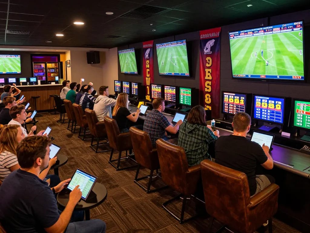 Soi Kèo sports betting lounge filled with enthusiastic fans analyzing live match data.