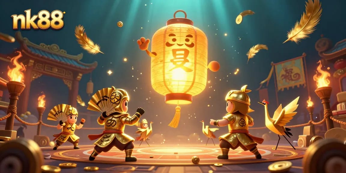 Experience thrilling casino action with nk88's golden lantern spirit surrounded by vibrant game elements.