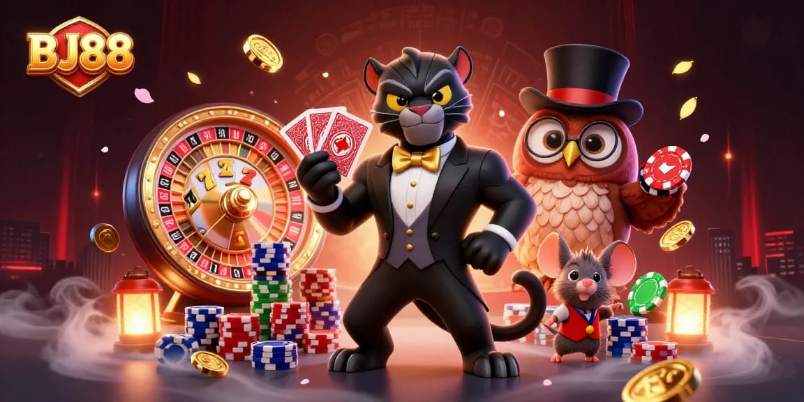 Experience thrilling gameplay at BJ88 with a 3D illustration of a stylish panther dealer, owl, and lucky mouse amidst vibrant casino elements.