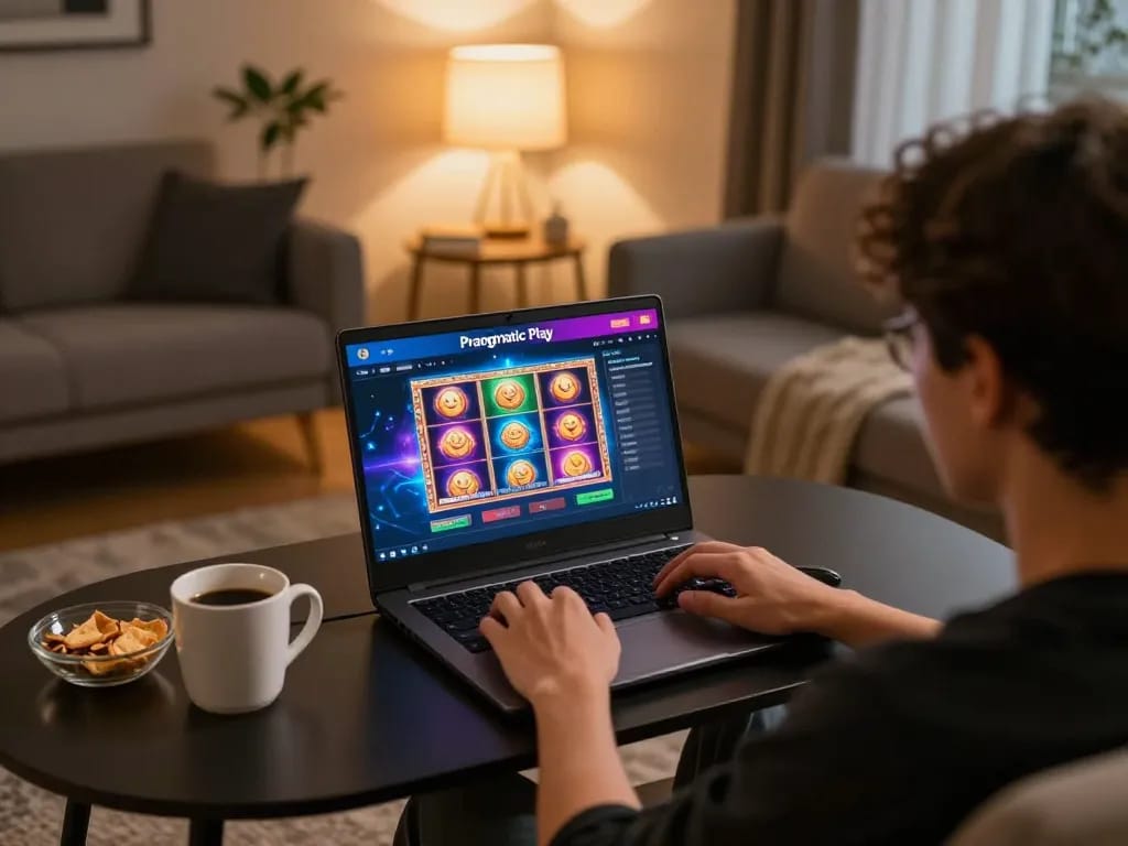 Engaged user with Pragmatic Play Login on laptop during online gaming session in cozy living room