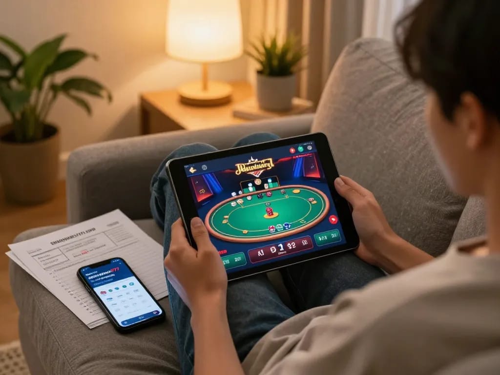 Enjoying online casino gaming with link alternatif ggdewa777 displayed on tablet in comfortable home setting.