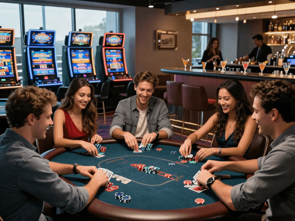 Exciting social gaming scene at a casino with friends enjoying poker at mpocash.net's modern setup.