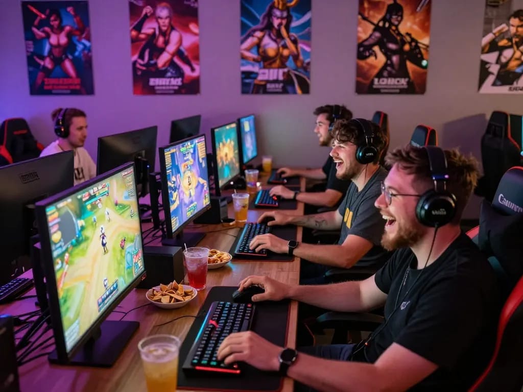 Group enjoying porngames in a lively gaming lounge with bright graphics.