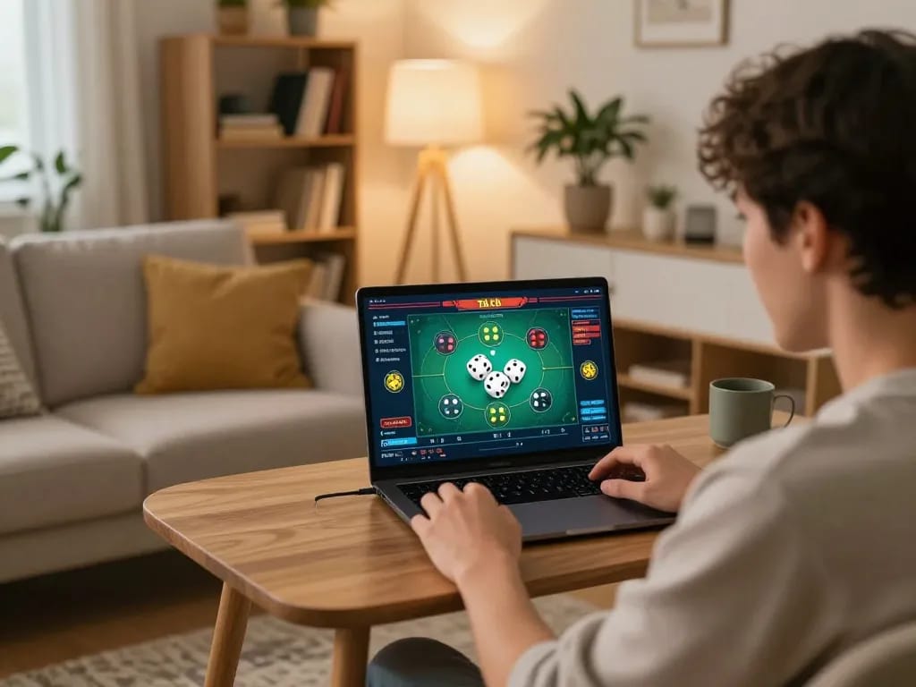 Tài xỉu online uy tín gaming scene with player focused on laptop during online dice game.