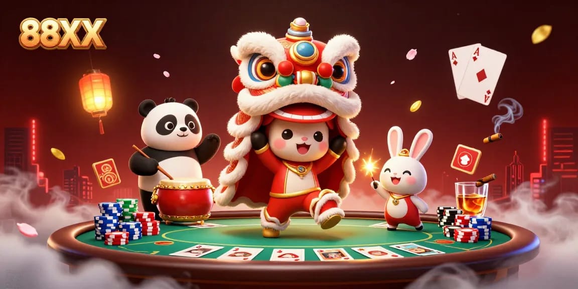 Engage with 88XX and enjoy an exciting dragon dance at a vibrant casino setting with poker elements.