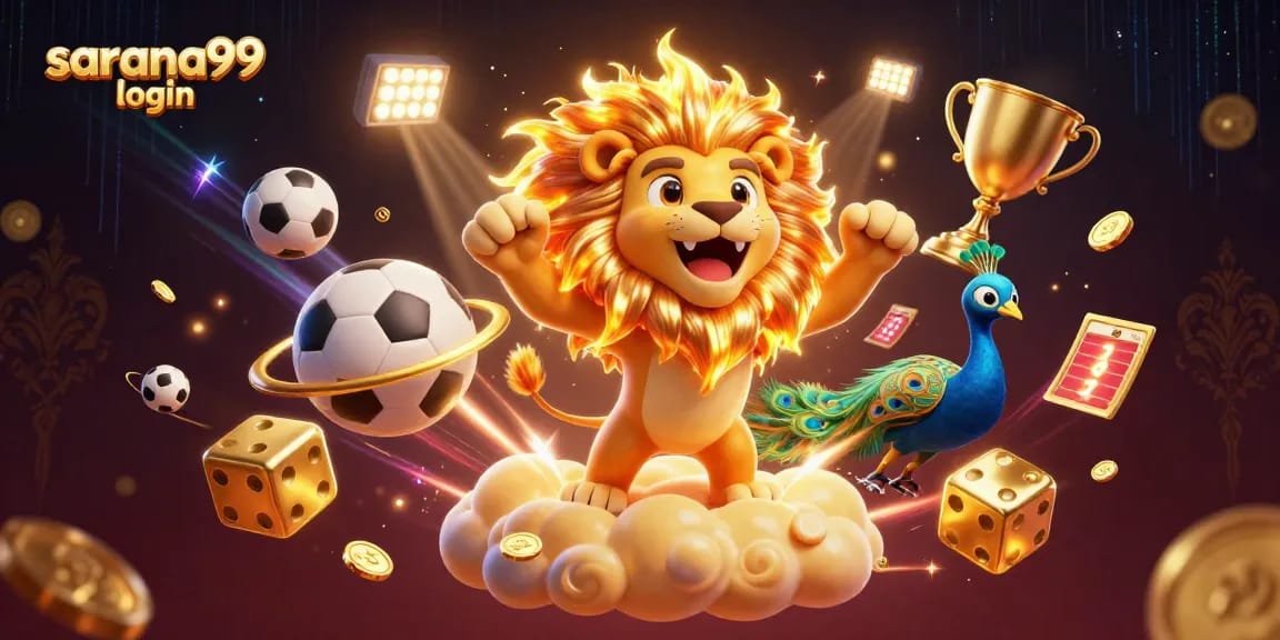 Sarana99 login elevates gaming with a vibrant 3D scene featuring a roaring lion and dynamic sports elements.