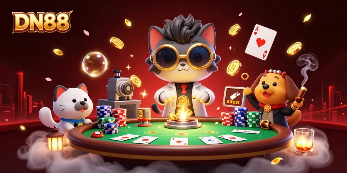 Experience the excitement of DN88 with a thrilling casino scene featuring poker elements and captivating characters.