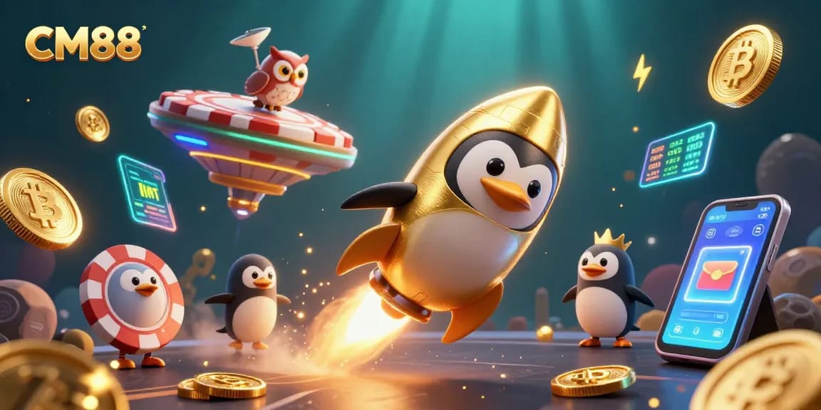 Experience thrilling gaming at CM88 with a golden penguin blasting coins towards a vibrant casino!