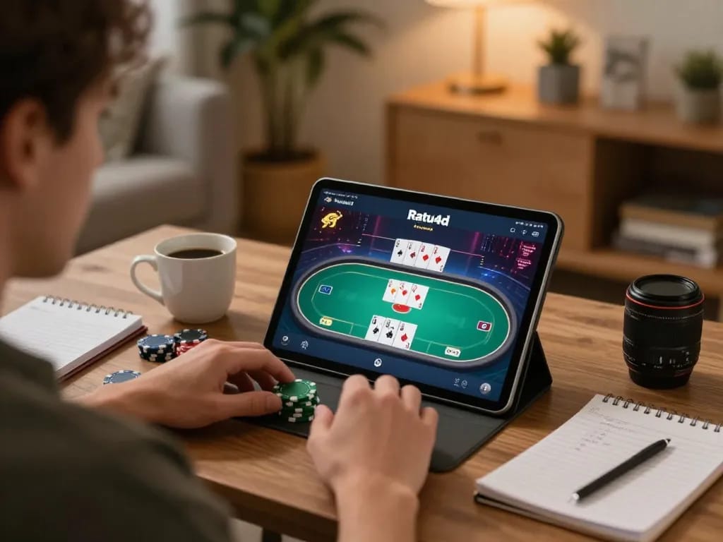 Player enjoying a thrilling moment on the Ratu4d app during an exciting online poker game.