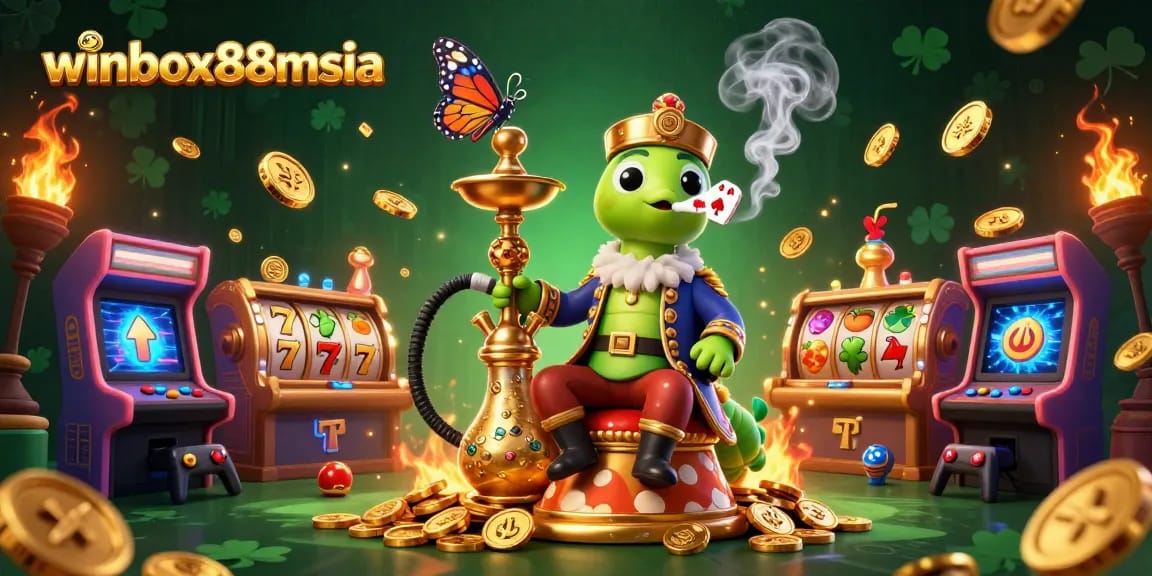 Winbox88msia promotes a vibrant casino scene with unique character designs and slot game elements.