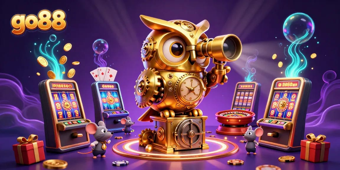 Experience thrilling gameplay with the go88 3D golden owl scanning the vibrant casino floor filled with exciting elements.