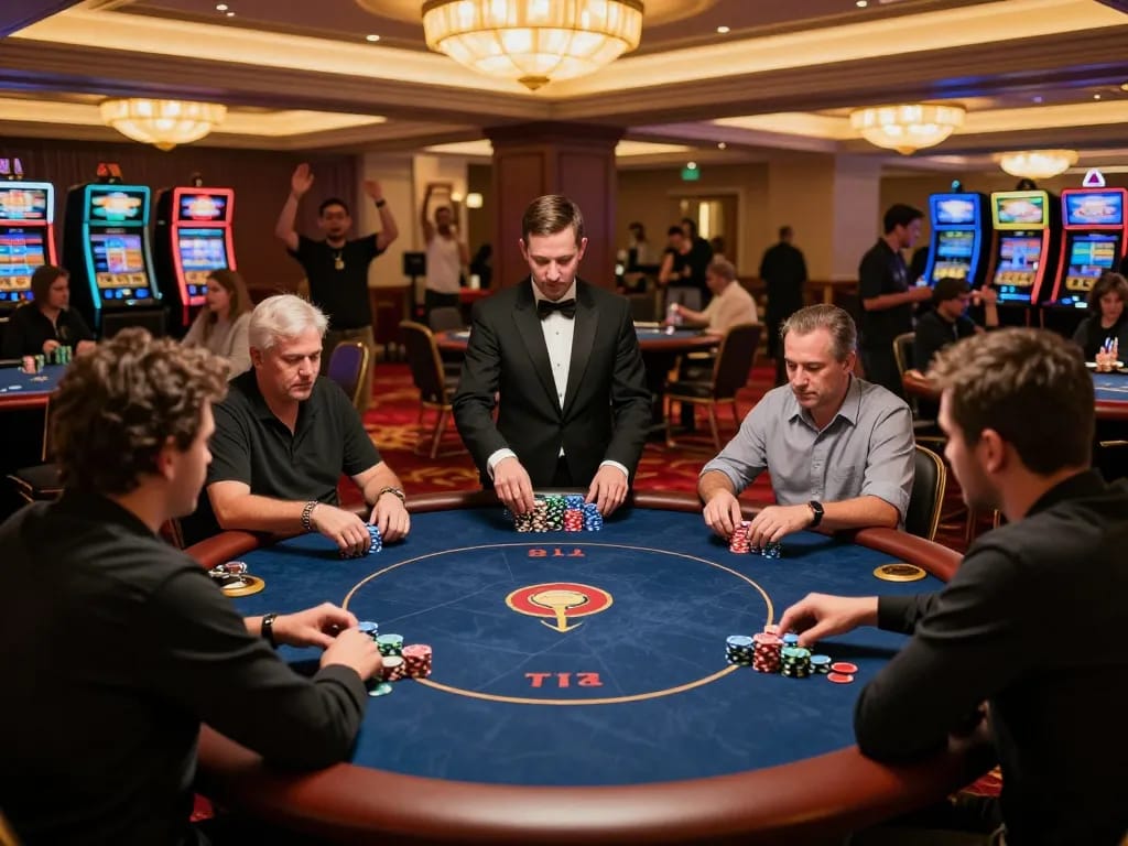 Players enjoy a strategic poker game at F8BET, showcasing excitement and engagement on the casino floor.