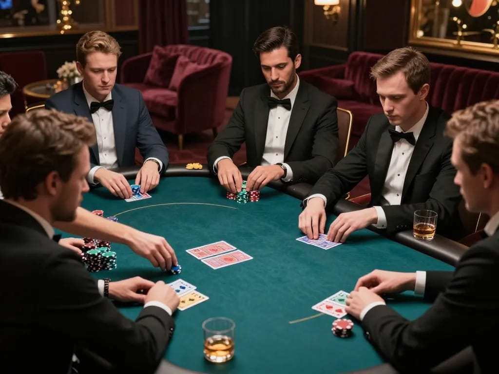 Engaged players at a VIP poker table, n188 strategies unfolding under ambient lights.