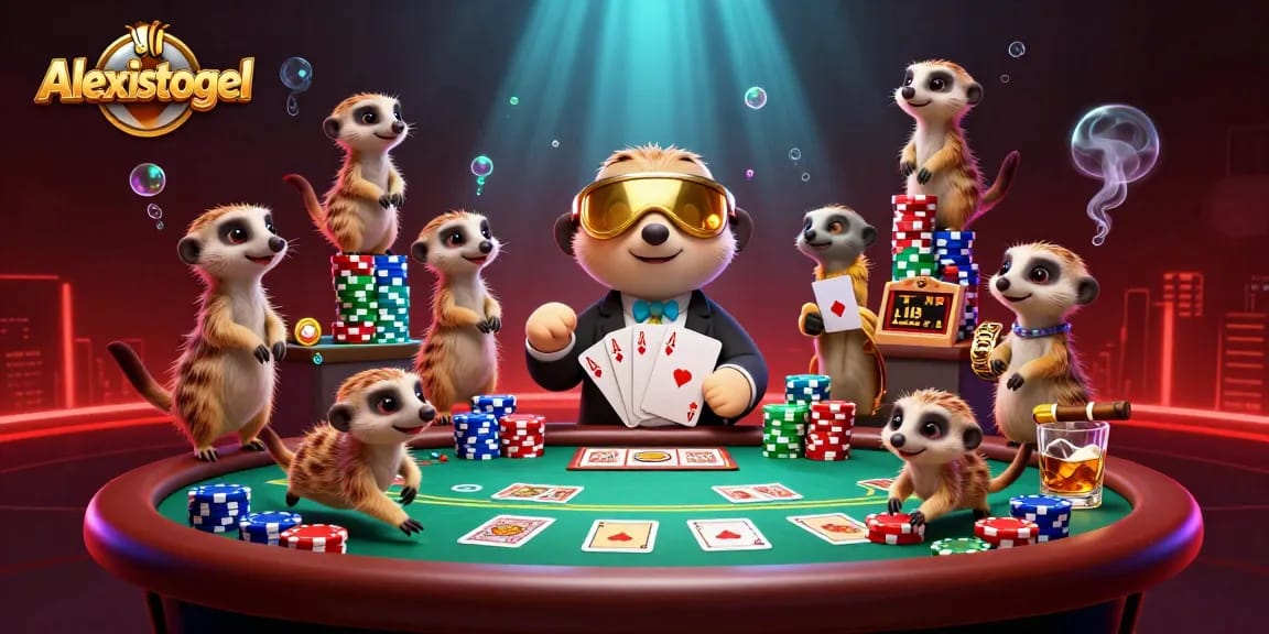 Alexistogel menunjukkan koloni meerkat yang menjalankan operasi kasino, dengan banyak elemen permainan menyebar.